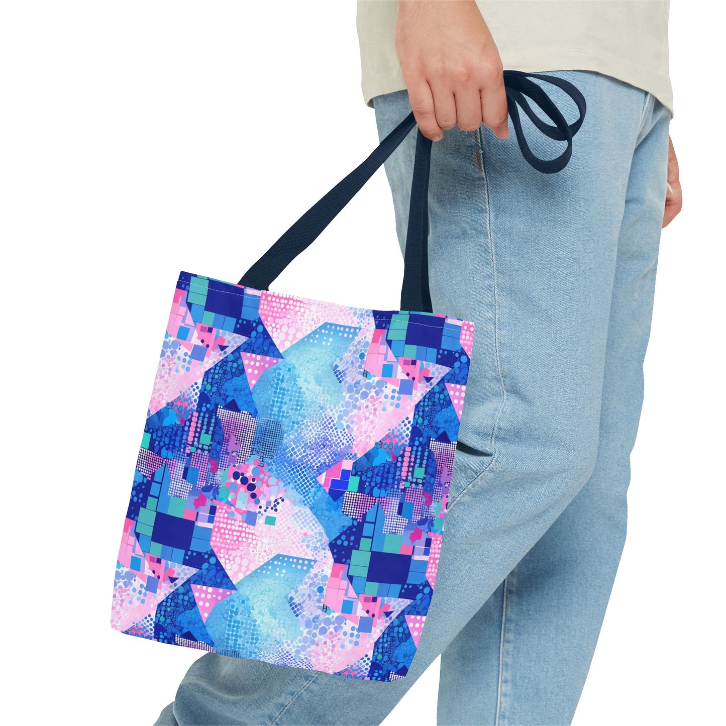 Abstract Blue Pink Geometric Tote Bag — Colorful Patterned All-Over Print Tote