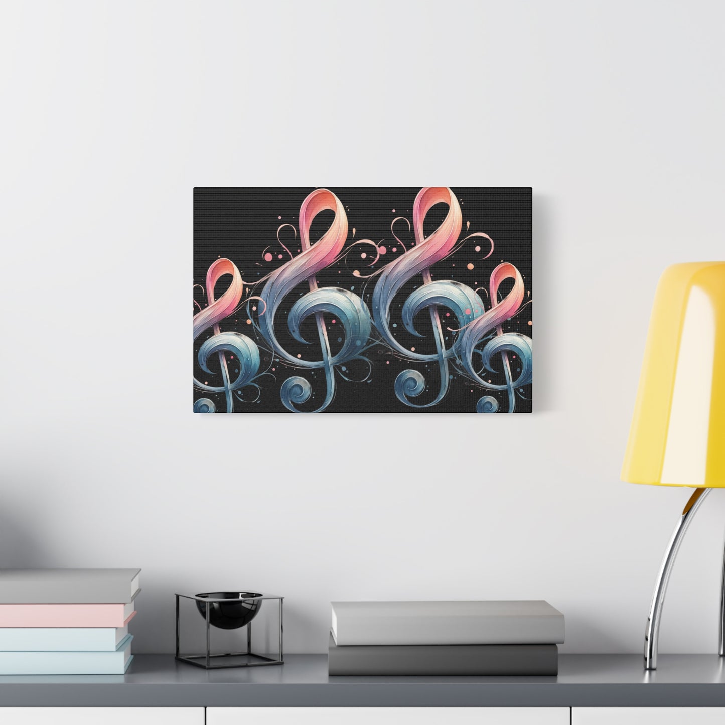 Musical Treble Clef Canvas Wall Art — Pastel Ribbon Notes on Black