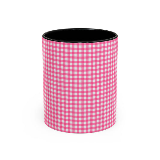 Pink Gingham Accent Coffee Mug, Cute Kitchen Decor, Gift for Coffee Lovers, Home Office Mug, Spring and Summer Vibes