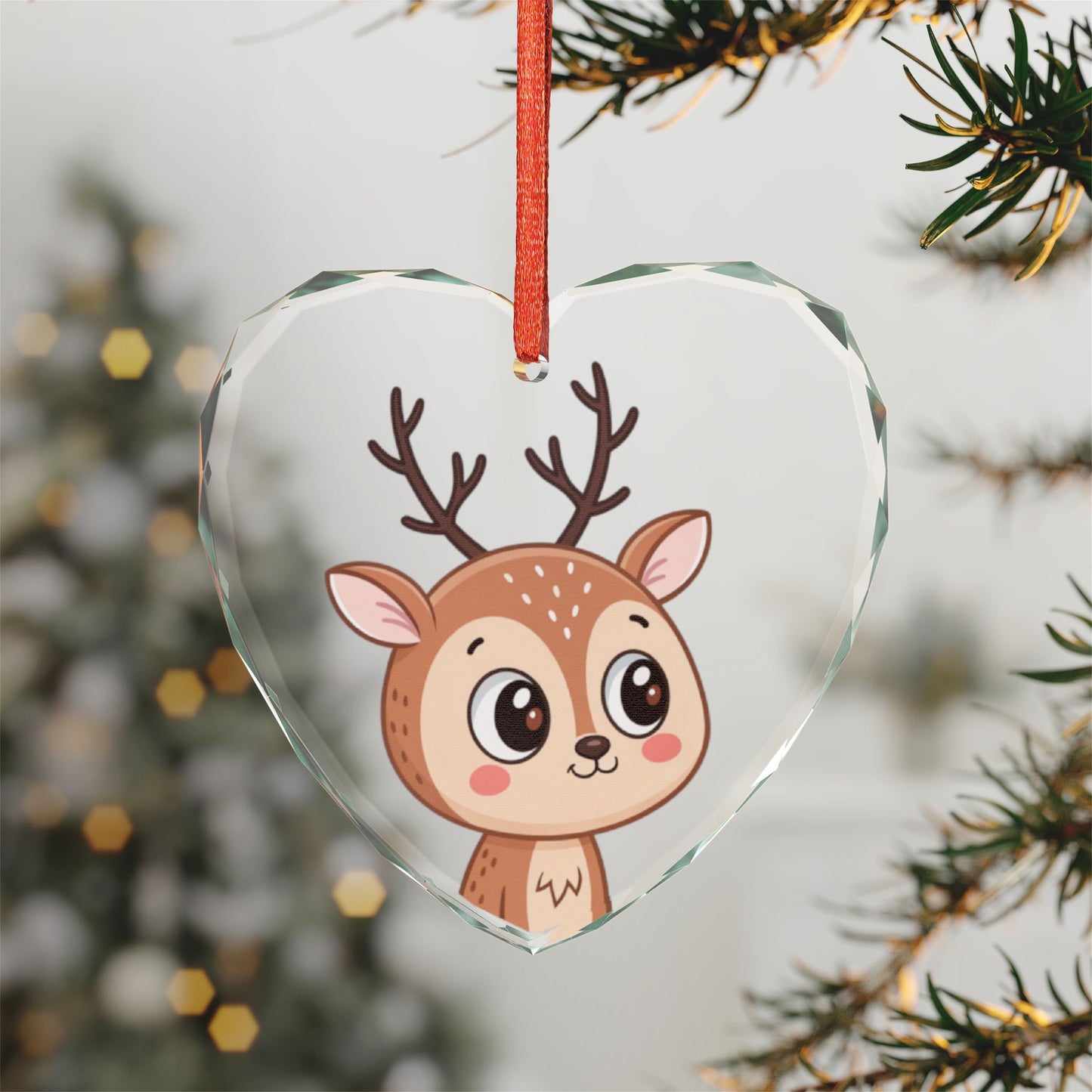 Cute Reindeer Heart Crystal Ornament — Christmas Tree Decoration for Kids