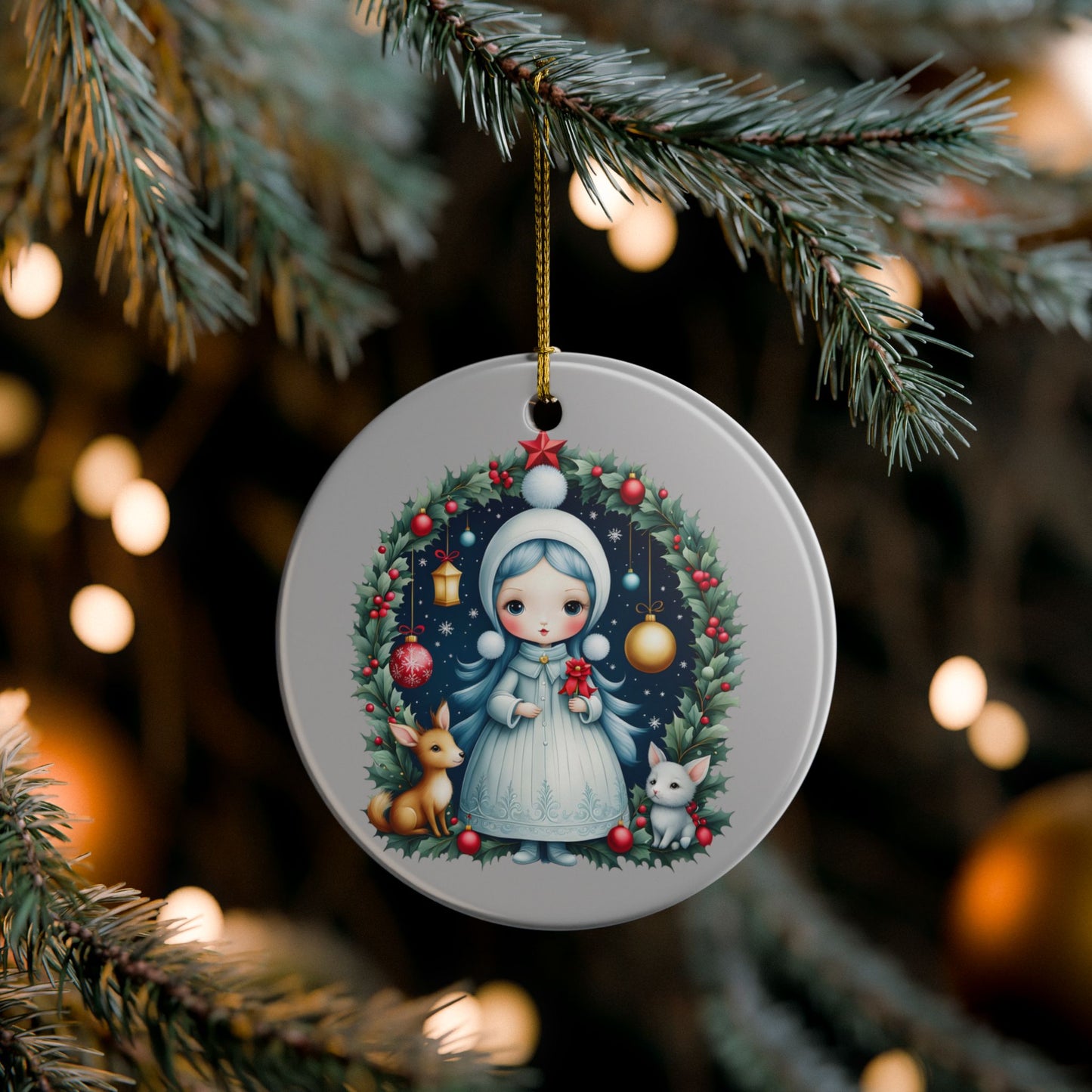 Snow Maiden Ceramic Christmas Ornament — Cute Winter Girl Wreath Design (2-Sided)