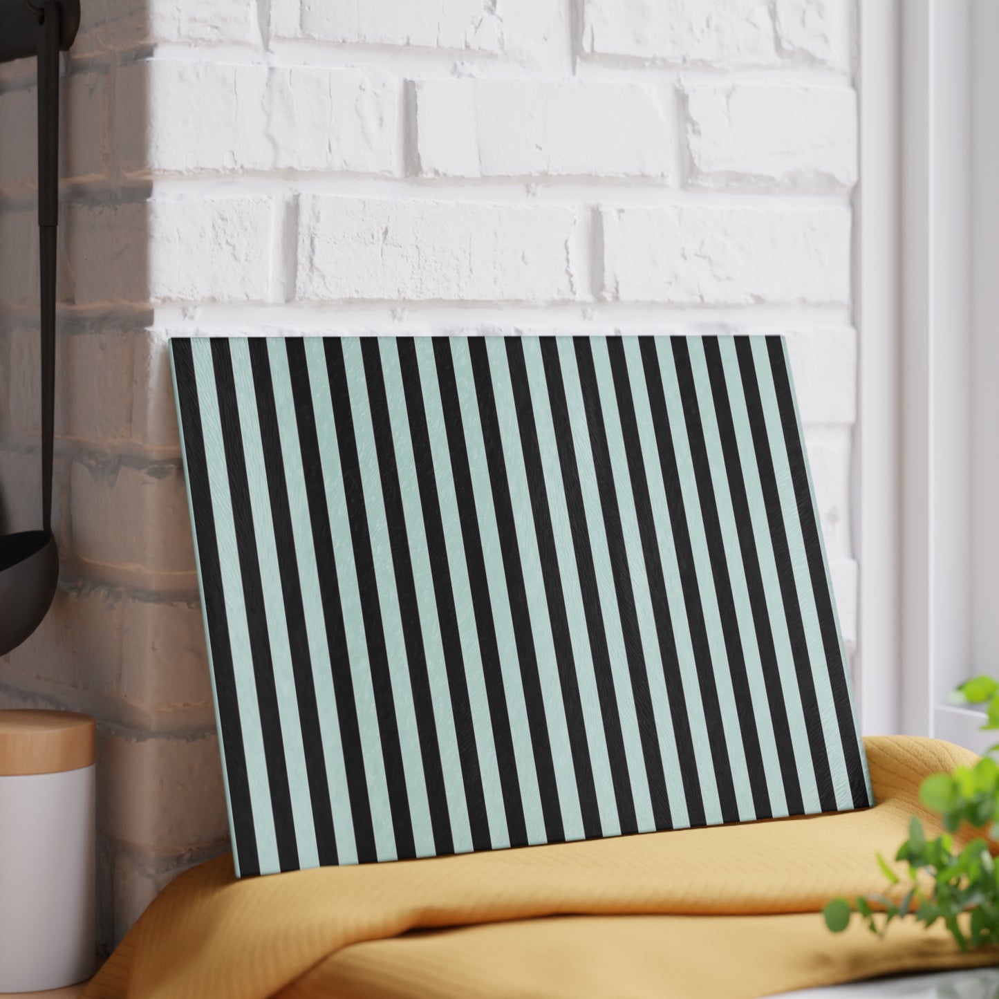 Striped Glass Cutting Board – Black & Mint Vertical Stripe Kitchen Board