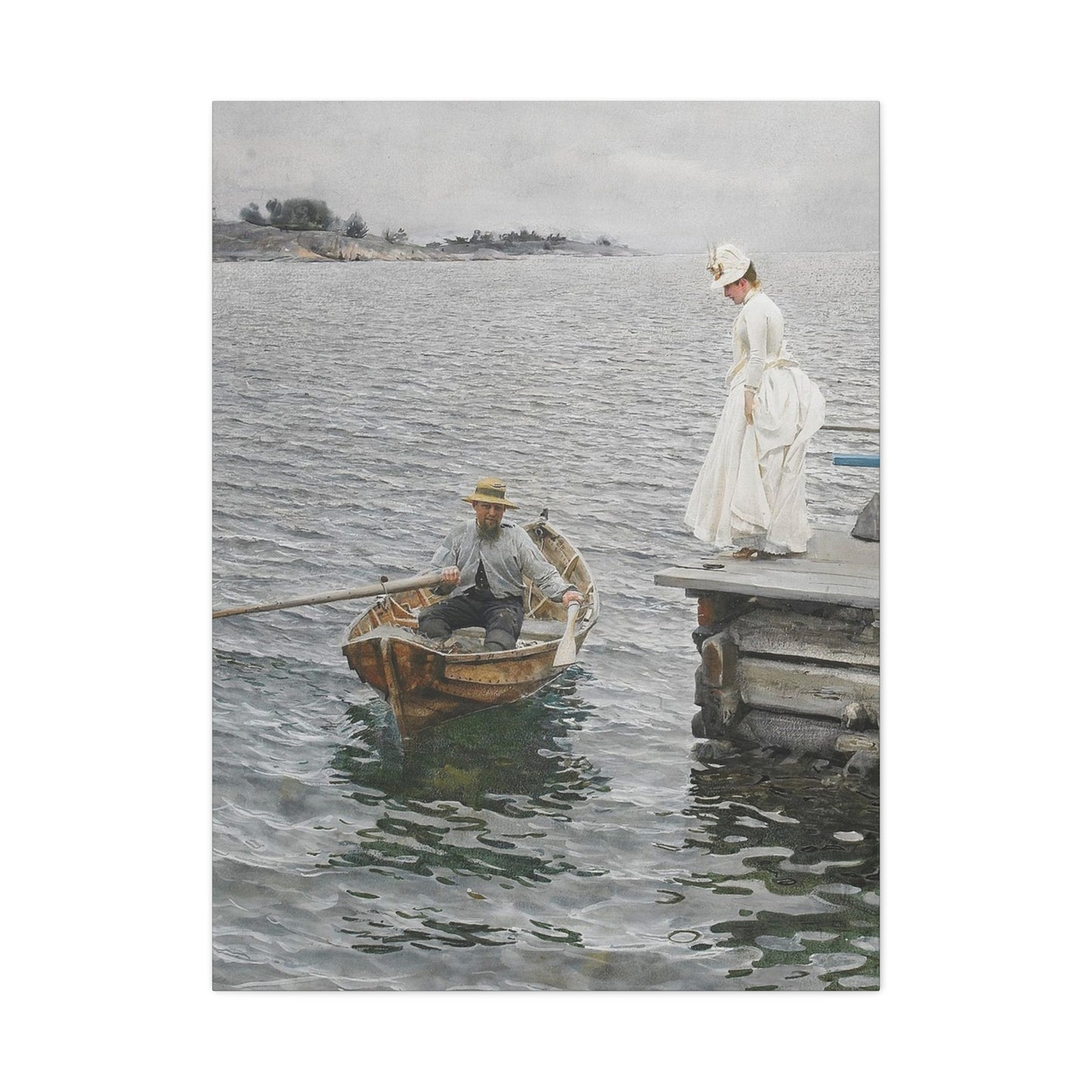 Seaside Stroll Canvas Print — Vintage Woman & Rowboat Matte Stretched Art 1.25"