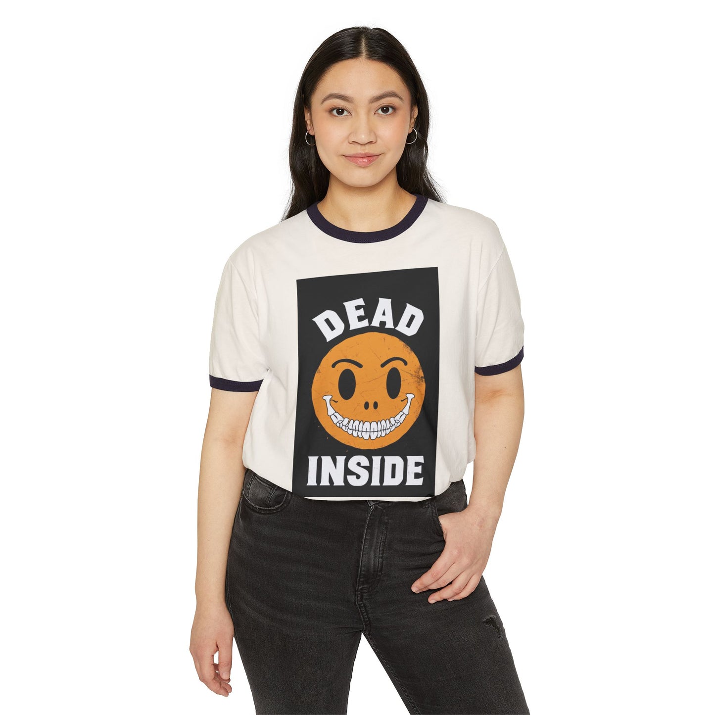 Ringer T-Shirt — 'Dead Inside' Grinning Smiley Graphic Tee
