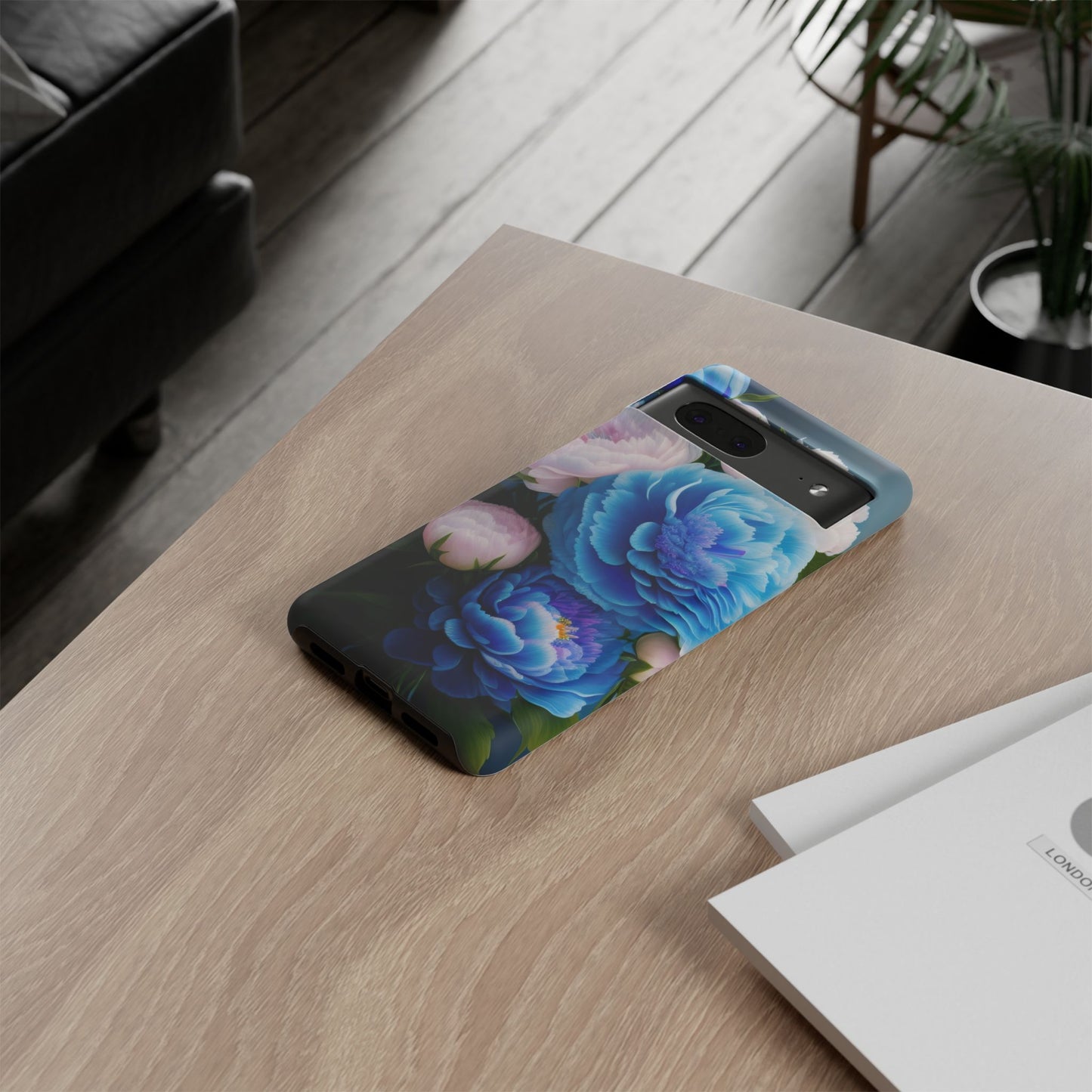 Floral Blue Peony Phone Case — Protective Tough Case with Pink & Blue Blooms