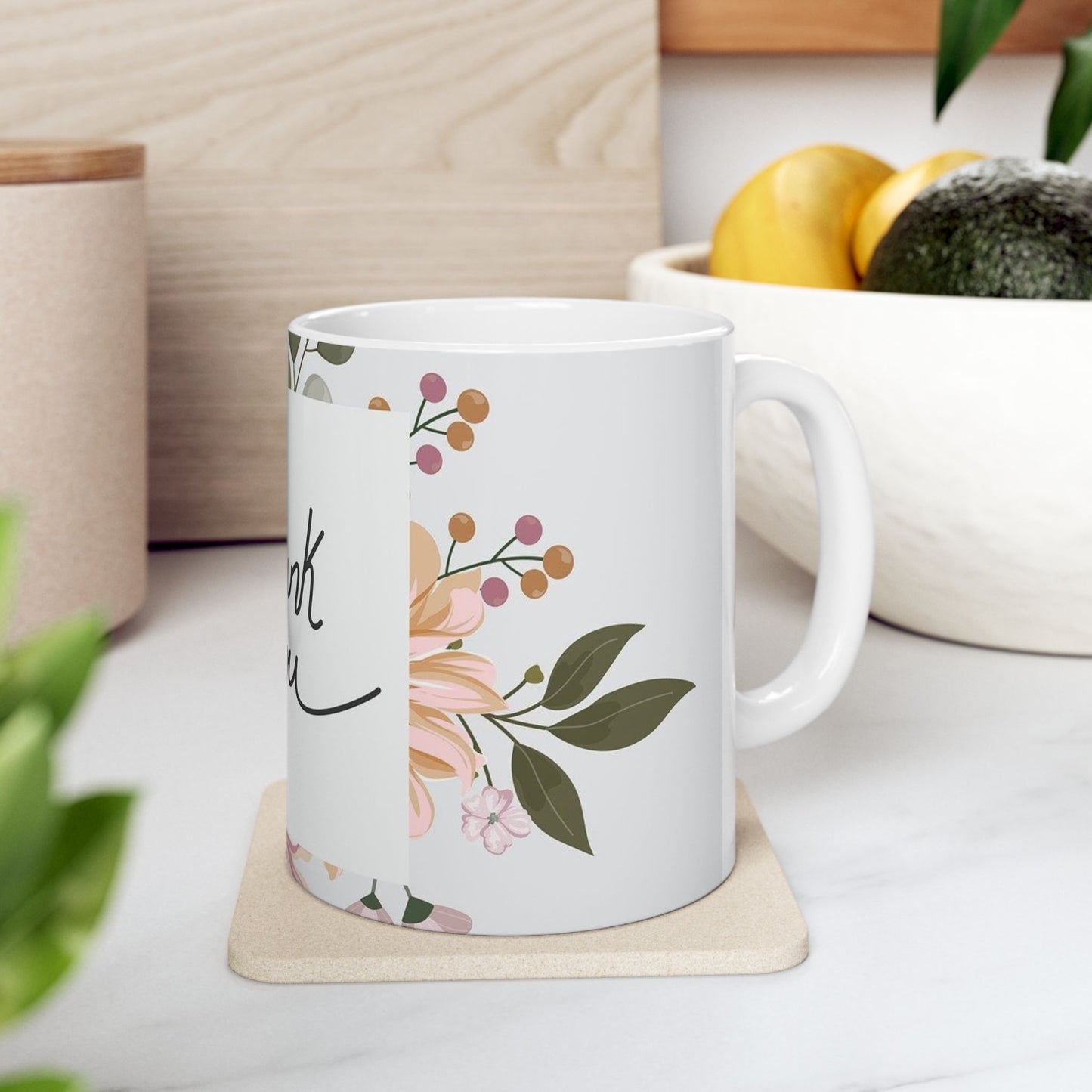 Thank You Floral Mug — Handwritten Script Ceramic Coffee Cup (11oz & 15oz)