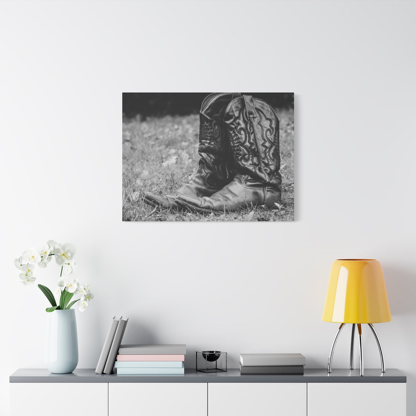 Western Cowboy Boots Matte Canvas Wall Art – Black & White Rustic Country Decor