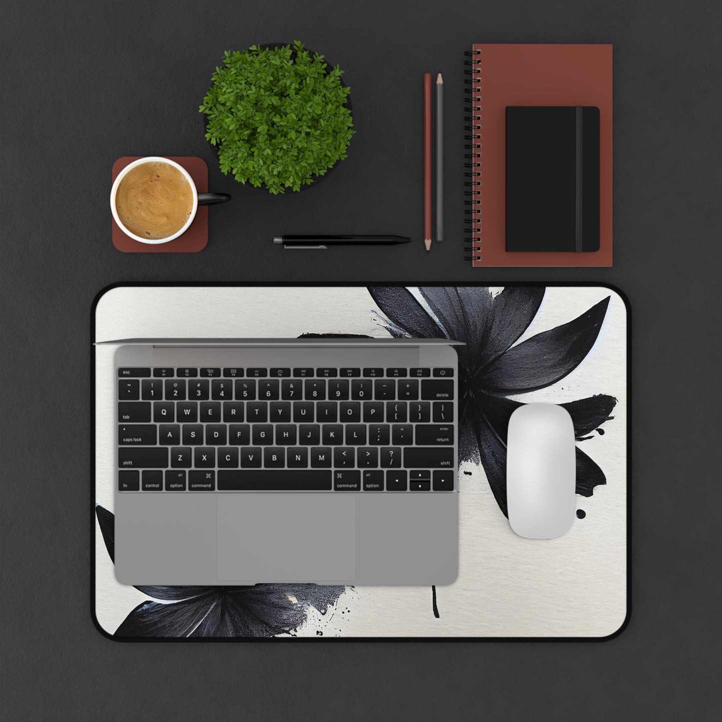 Black Ink Floral Desk Mat — Minimalist Monochrome Mousepad for Office & Home