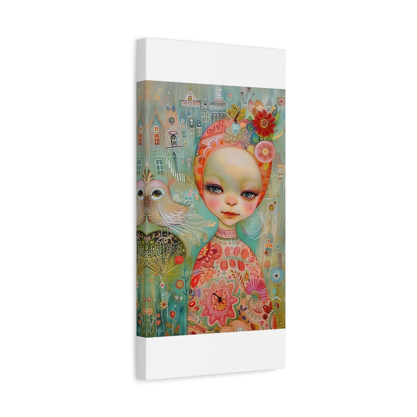 Whimsical Girl & Bird Matte Canvas Wall Art — Stretched Decorative Painting