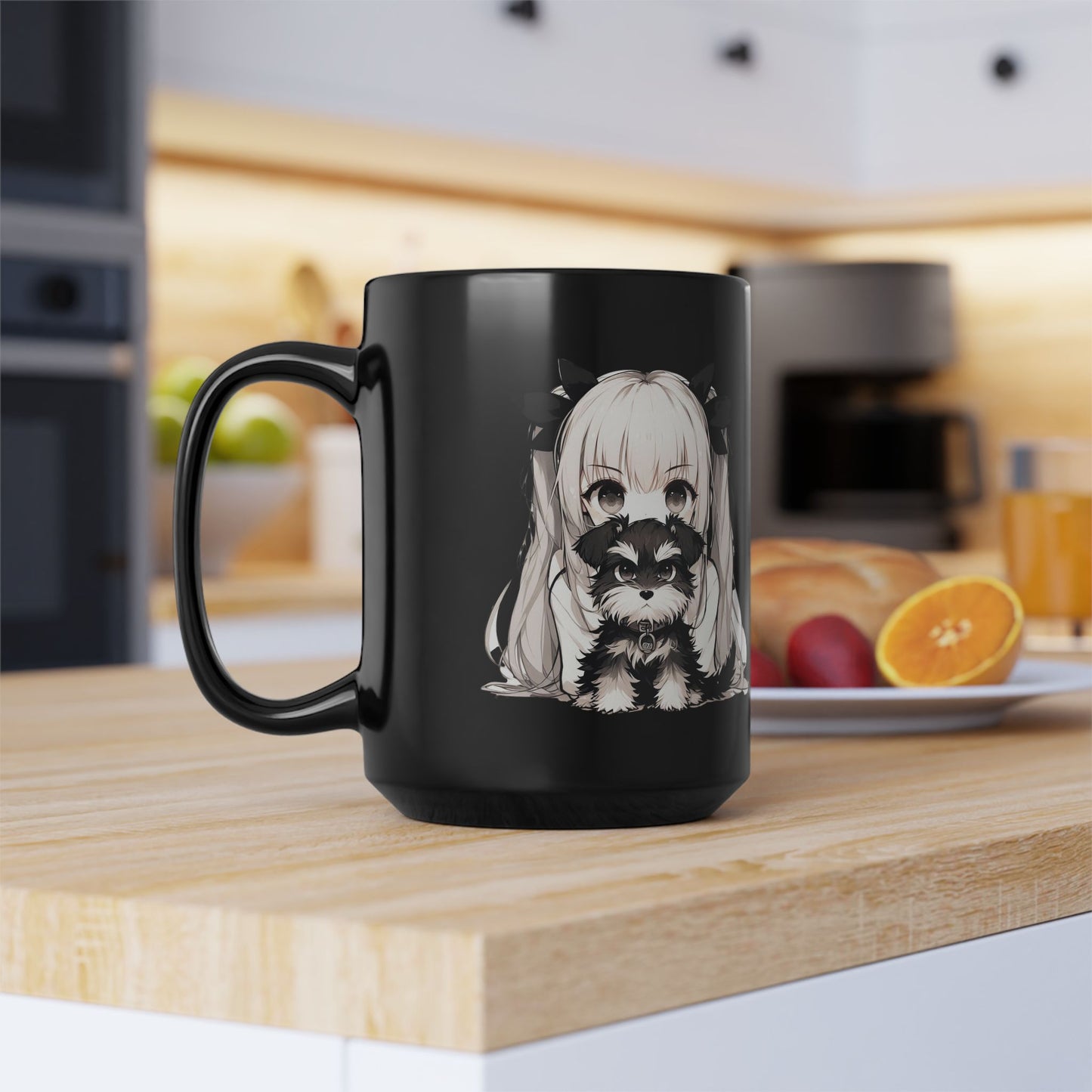 Cute Anime Girl with Raccoon 15oz Black Mug