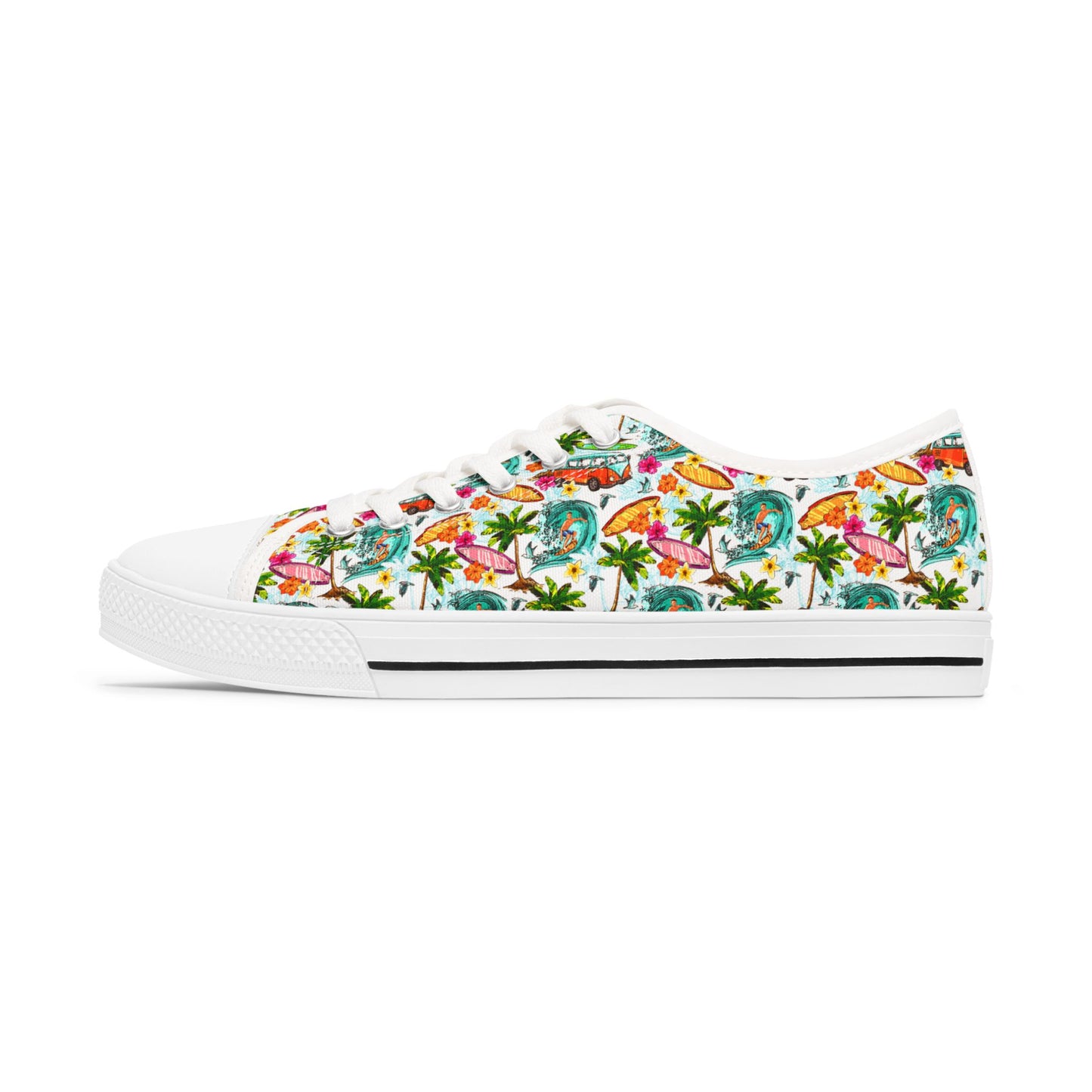 Tropical Floral Low Top Sneakers — Women's Colorful Palm & Hibiscus Print