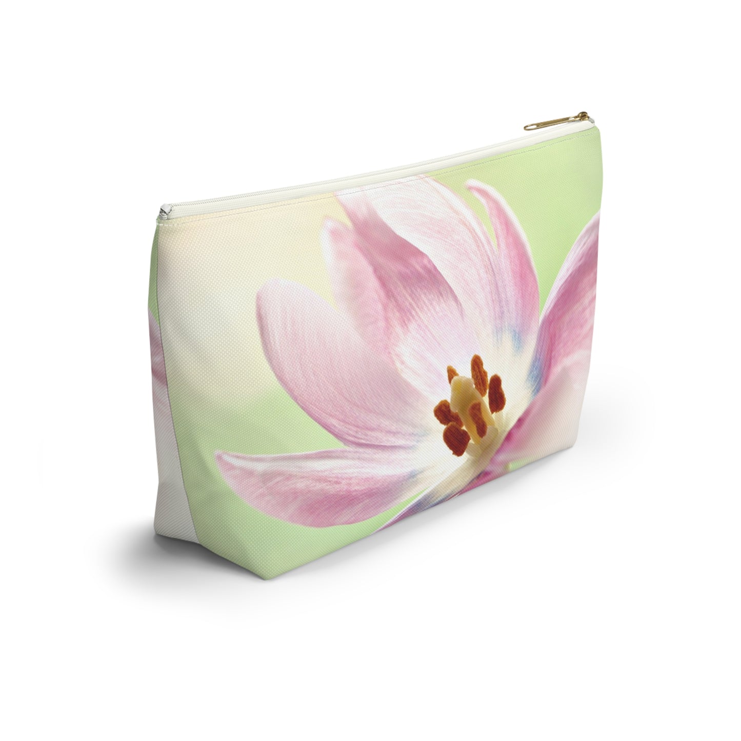 Pink Tulip Floral Accessory Pouch — Cosmetic Makeup Bag with T-Bottom