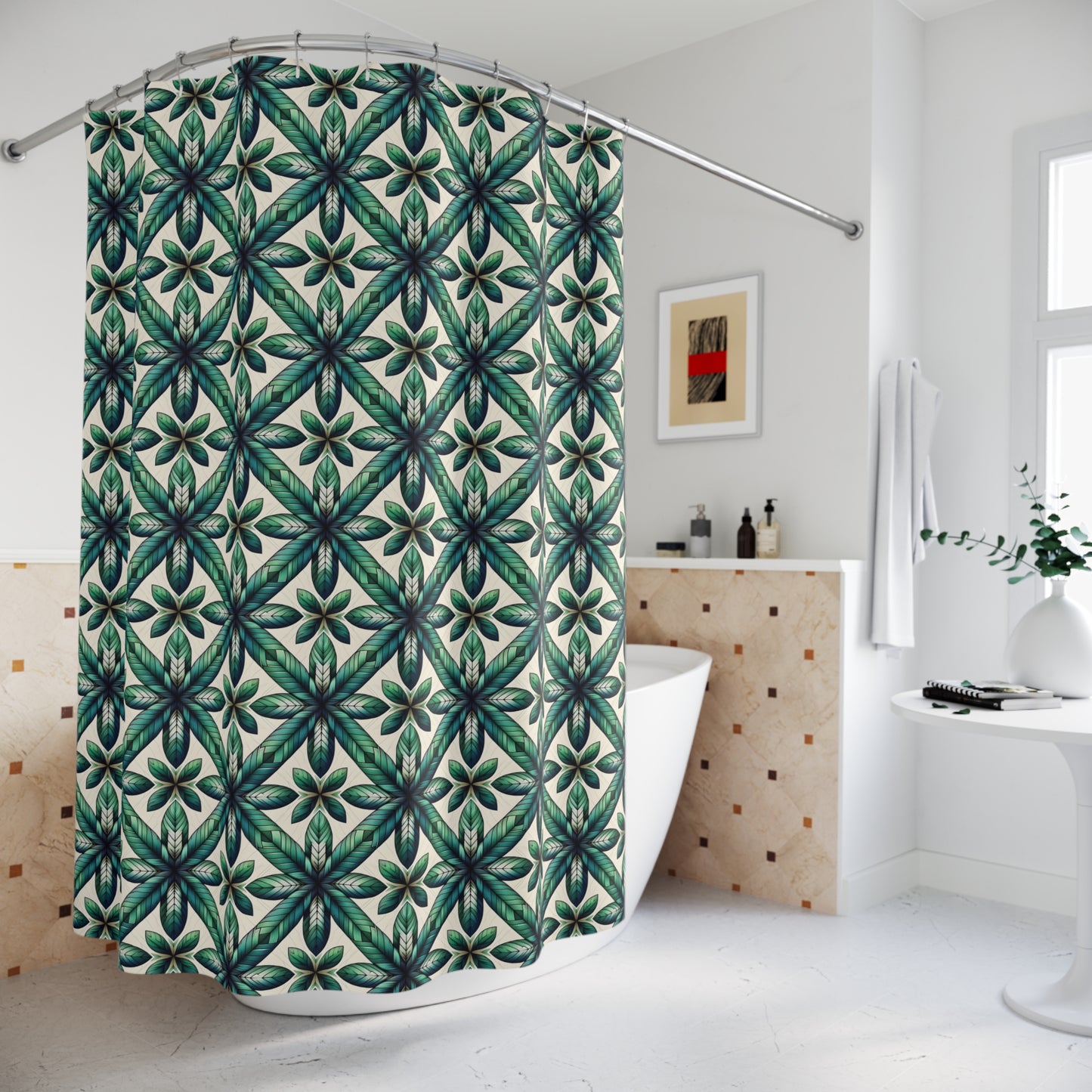 Green Tile Pattern Shower Curtain — Botanical Geometric Bath Decor