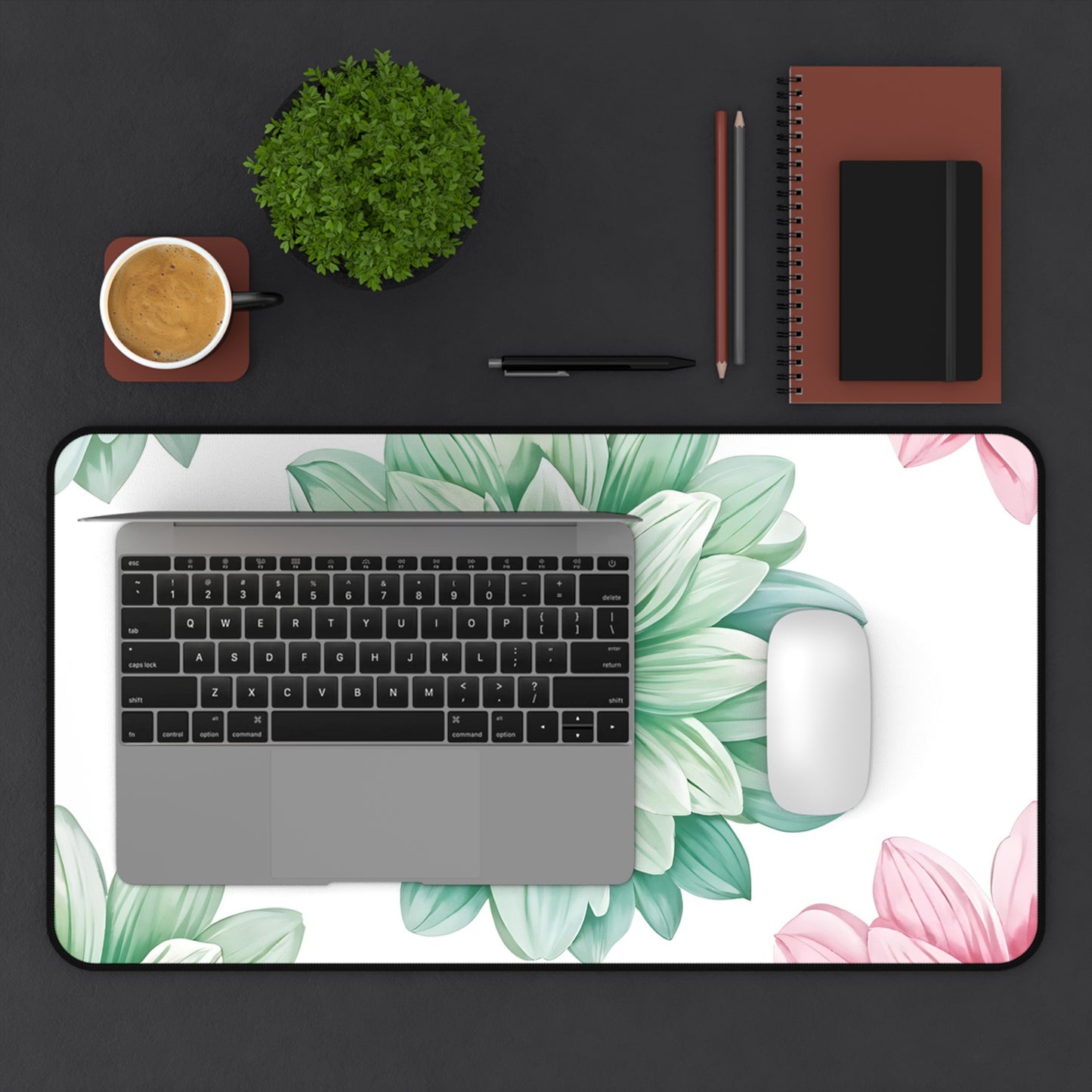 Floral Succulent Desk Mat — Green & Pink Botanical Mouse Pad