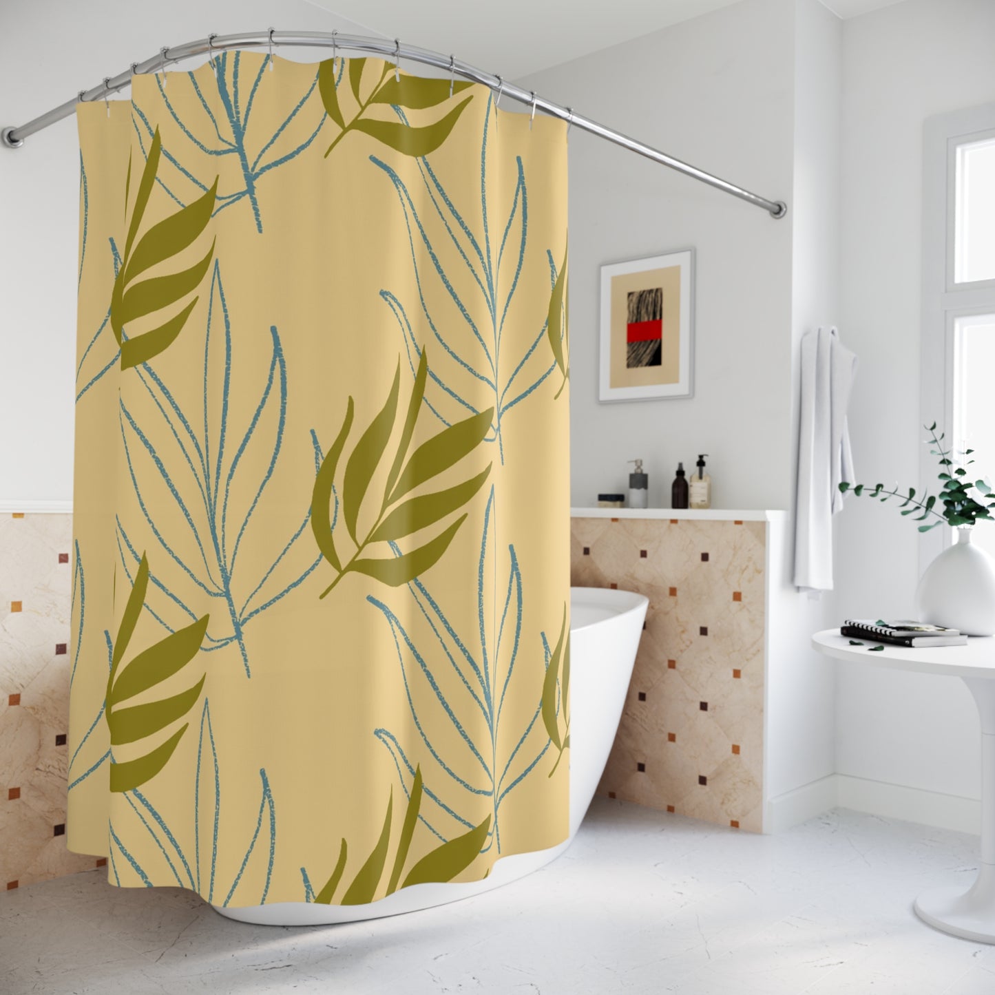 Botanical Leaf Shower Curtain — Olive & Mustard Minimalist Bathroom Decor