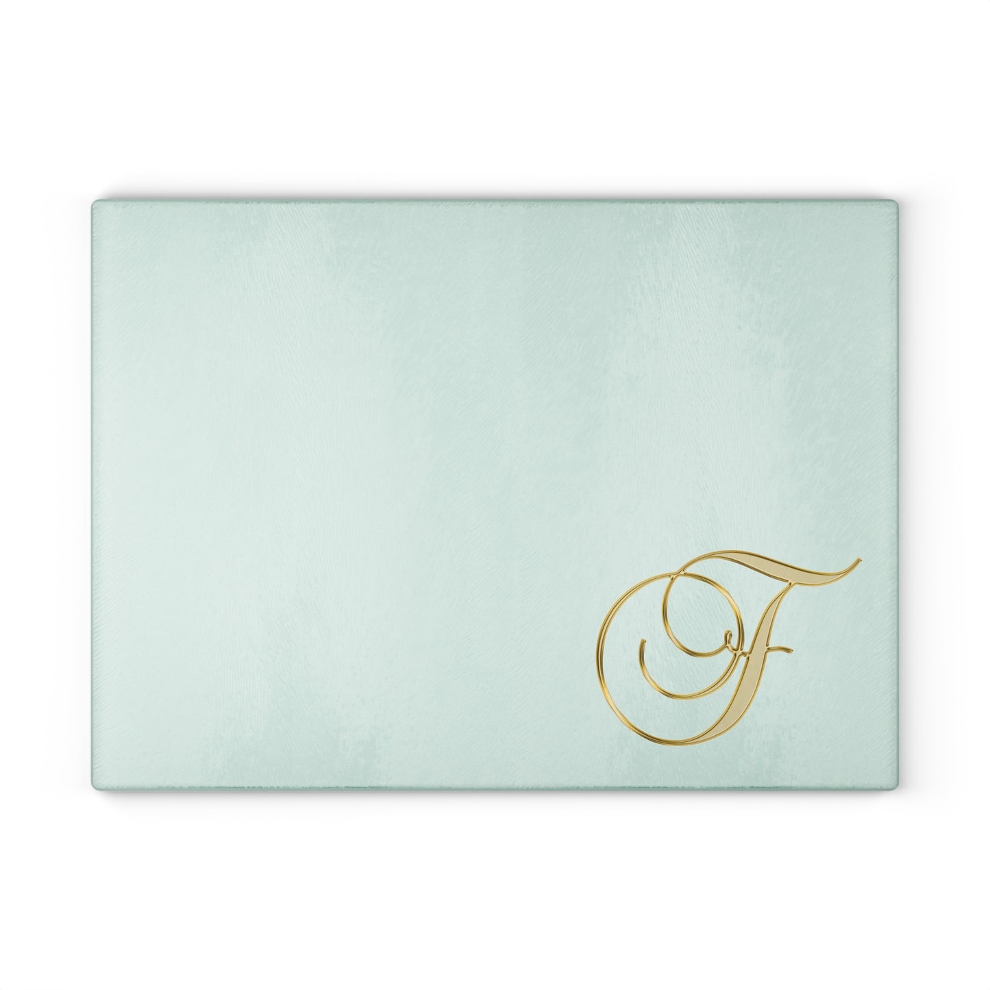 Monogram Glass Cutting Board — Elegant Gold Script "F" on Mint