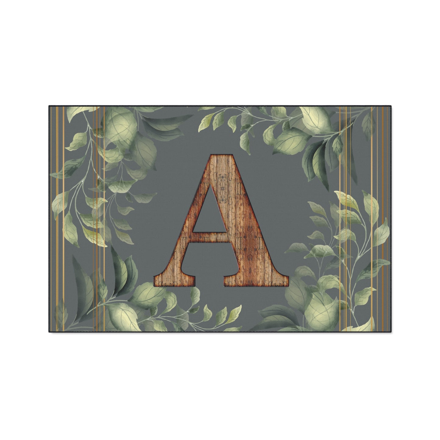 Personalized Monogram Floor Mat - Rustic Wood 'A' with Greenery Welcome Rug - Letter A