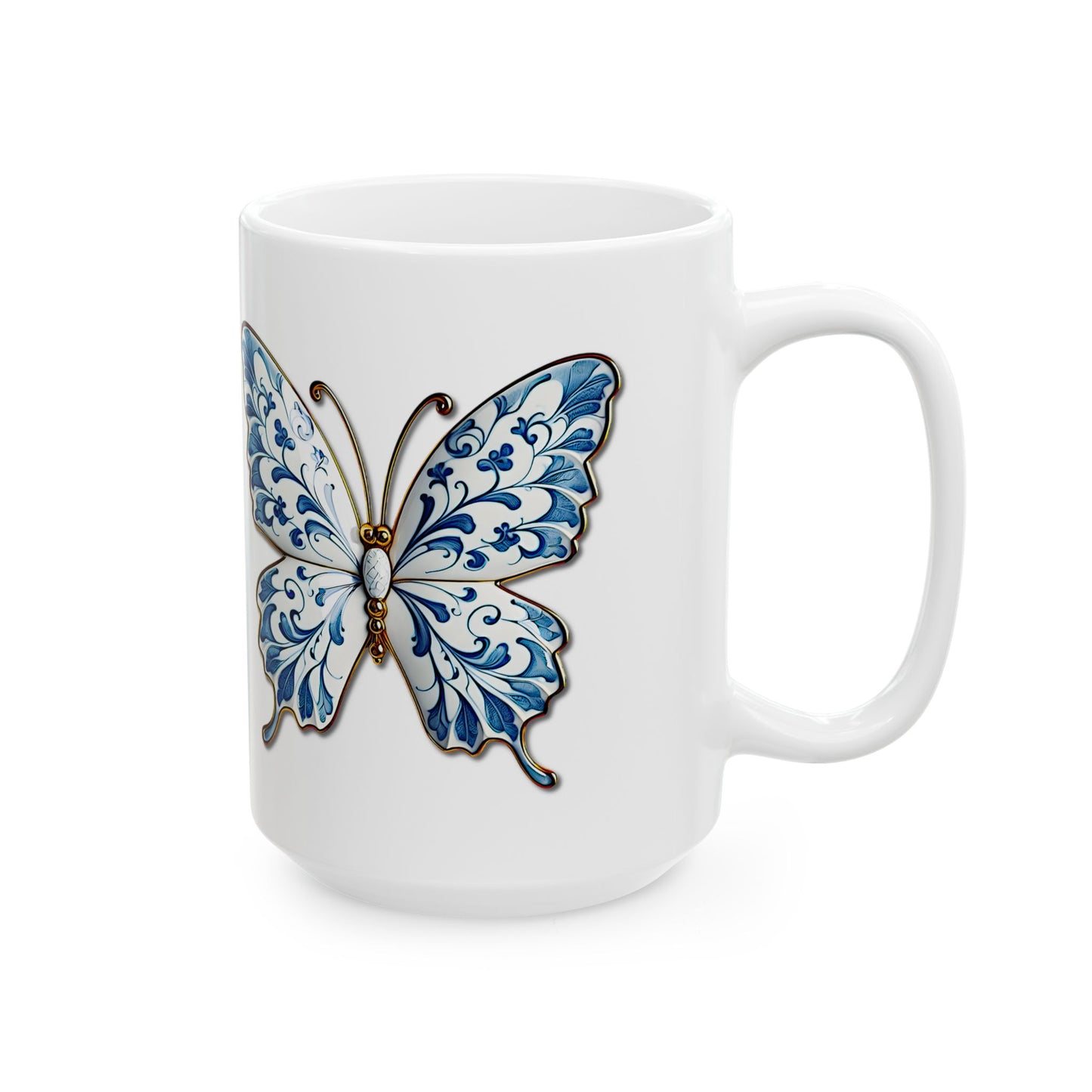 Blue Floral Butterfly Ceramic Mug — Decorative 11oz & 15oz Coffee Cup