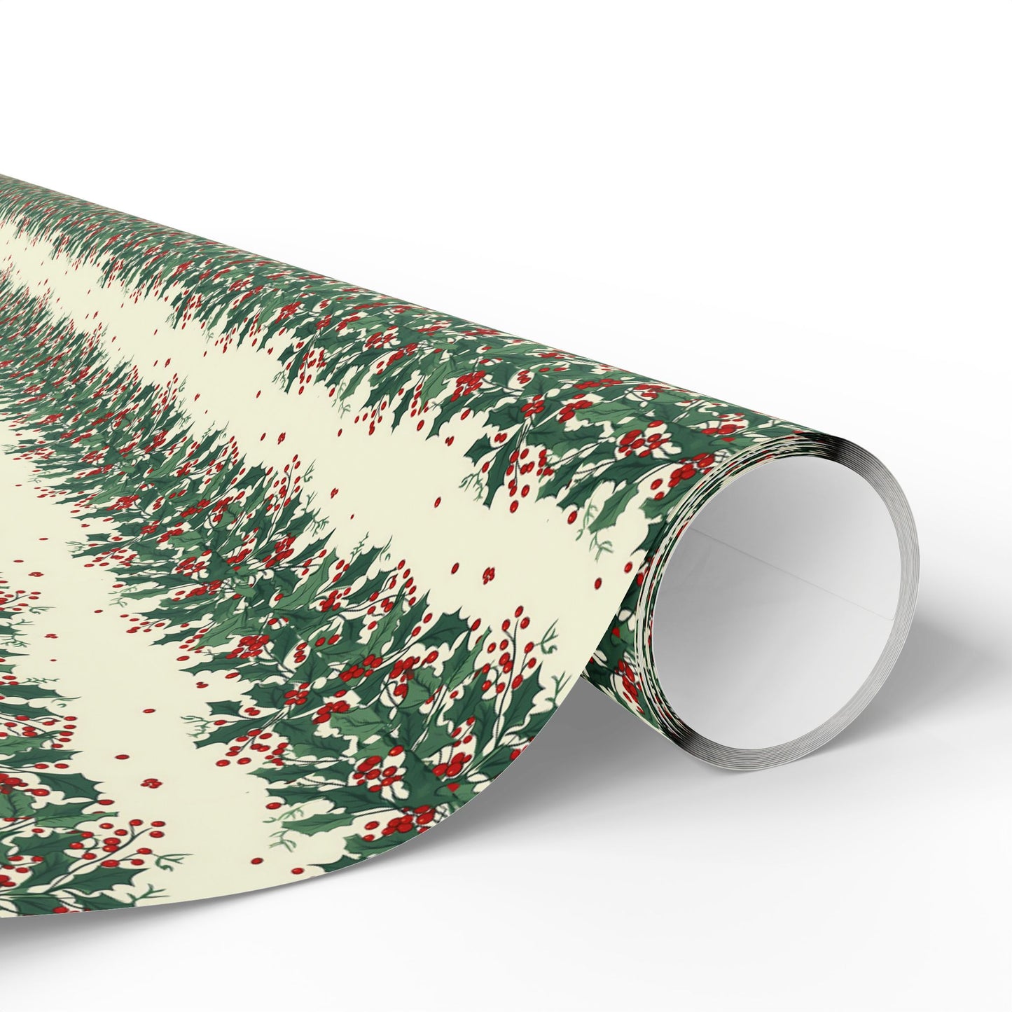 Holiday Pine Sprig Wrapping Paper Roll — Festive Green & Red Gift Wrap