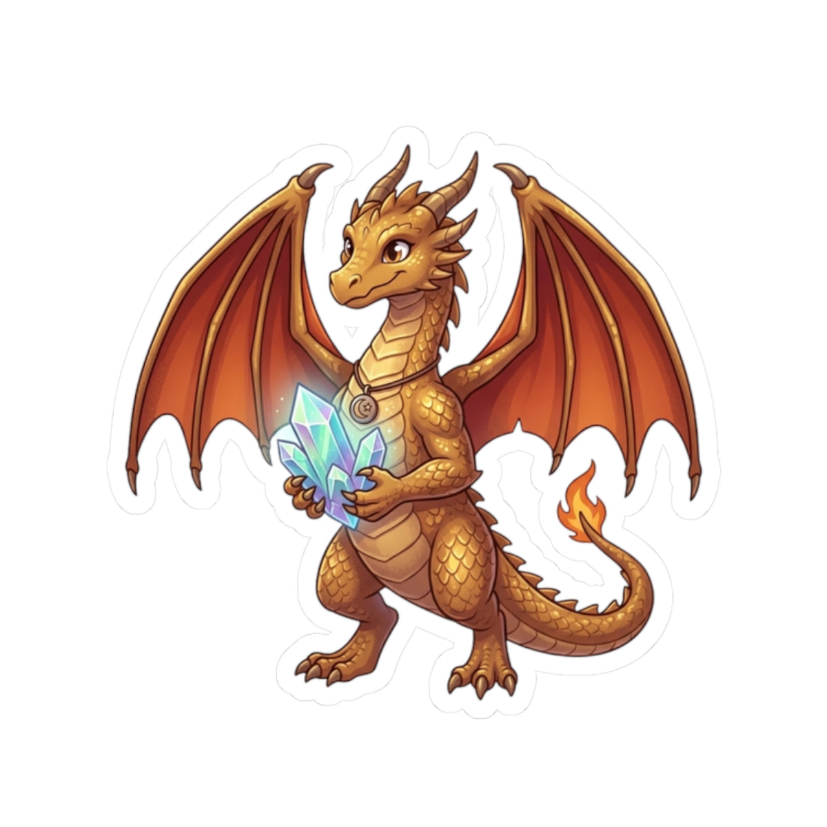 Golden Dragon Sticker — Cute Fantasy Dragon Holding Crystal Kiss-Cut Vinyl Sticker