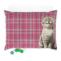Smiling Gray Cat Plaid Pet Bed — Cozy Pink Cat Bed for Cats & Kittens