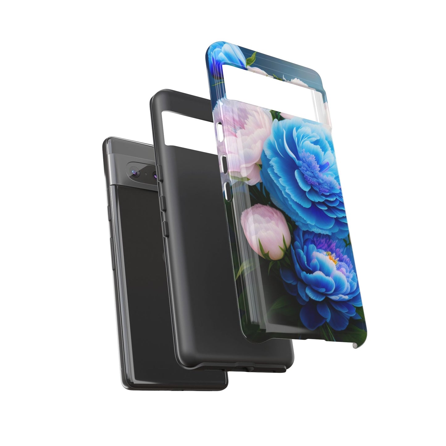 Floral Blue Peony Phone Case — Protective Tough Case with Pink & Blue Blooms
