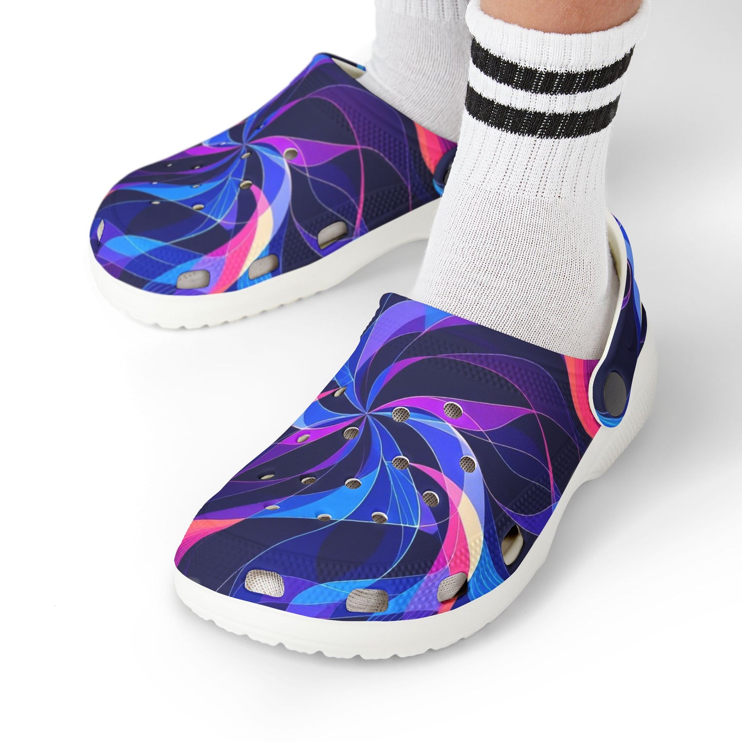 Kids Swirl Pattern EVA Foam Clogs — Colorful Neon Pinwheel Slip-Ons