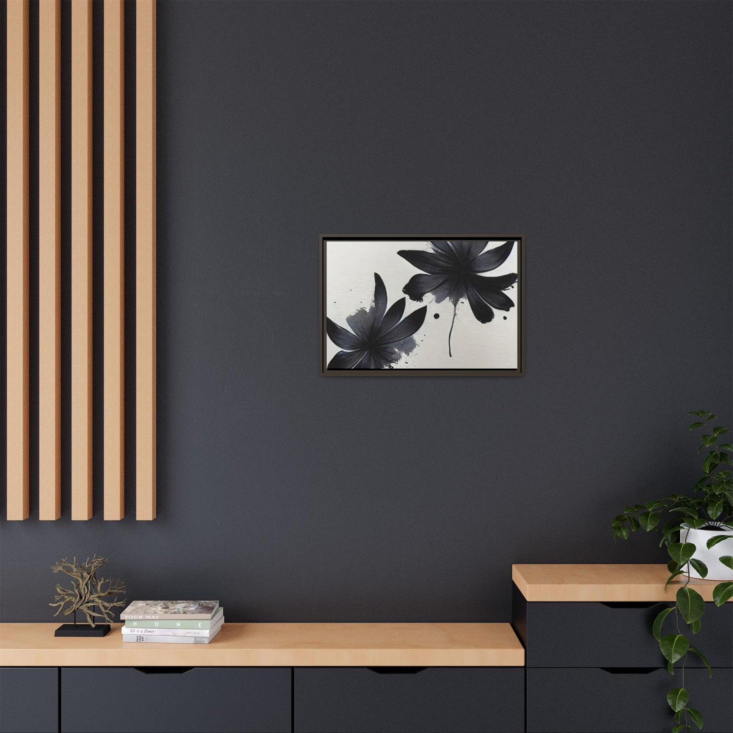 Framed Black Floral Matte Canvas Wall Art — Monochrome Botanical Print