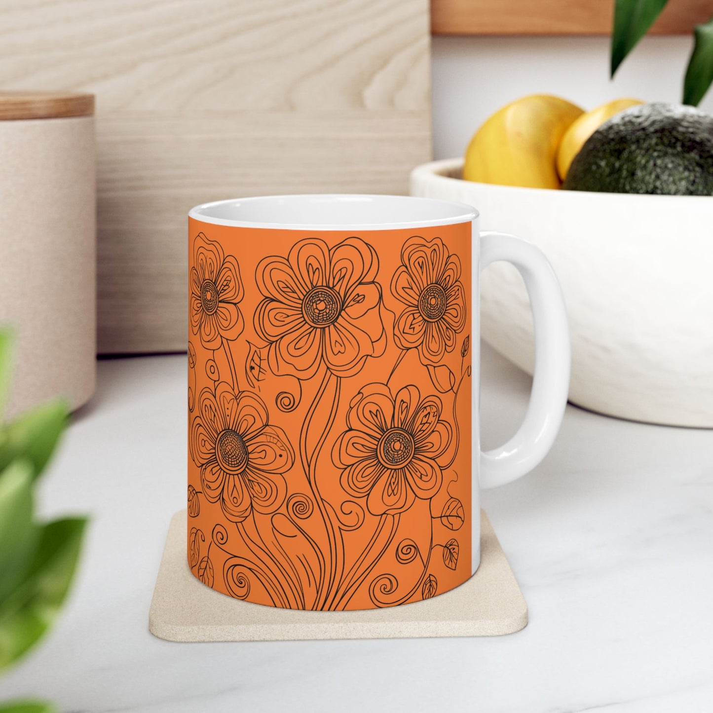 Orange Floral Ceramic Mug — Hand-Drawn Flower Pattern Coffee Tea Cup (11oz, 15oz)