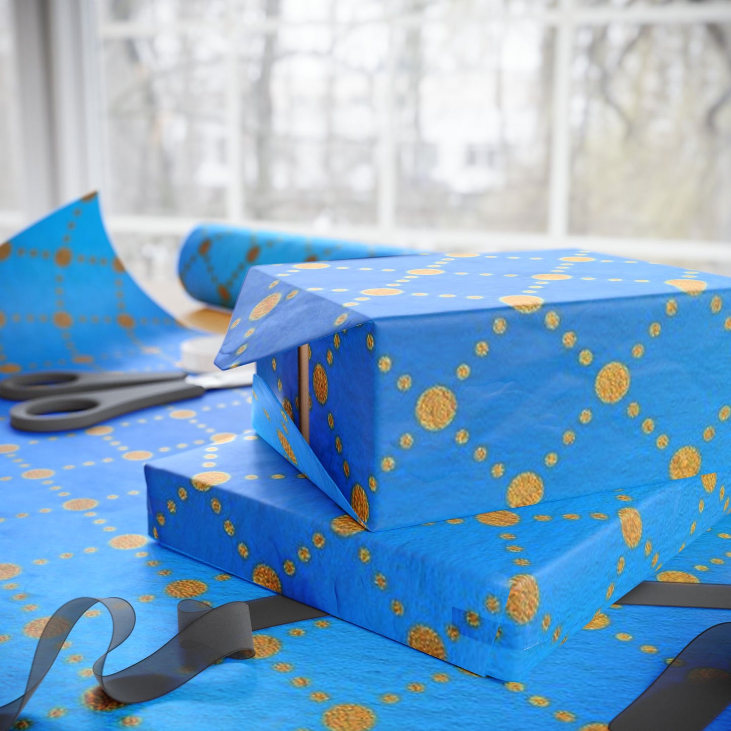 Blue Gold Dotted Swirl Wrapping Paper Roll — Decorative Gift Wrap