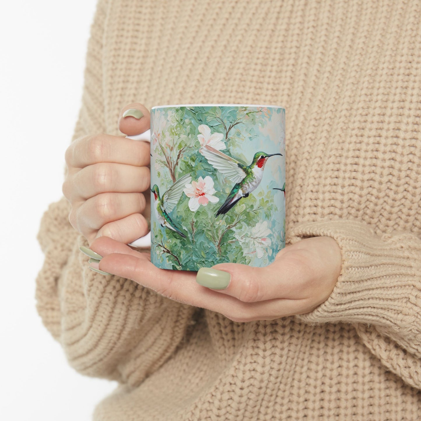 Hummingbird Floral Ceramic Mug — Watercolor Birds Coffee Cup (11oz & 15oz)