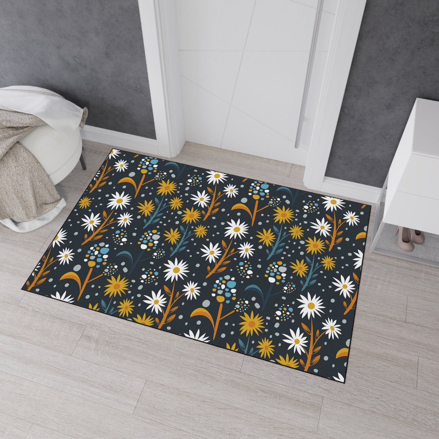 Floral Daisies Heavy Duty Floor Mat — Dark Botanical Entry Rug