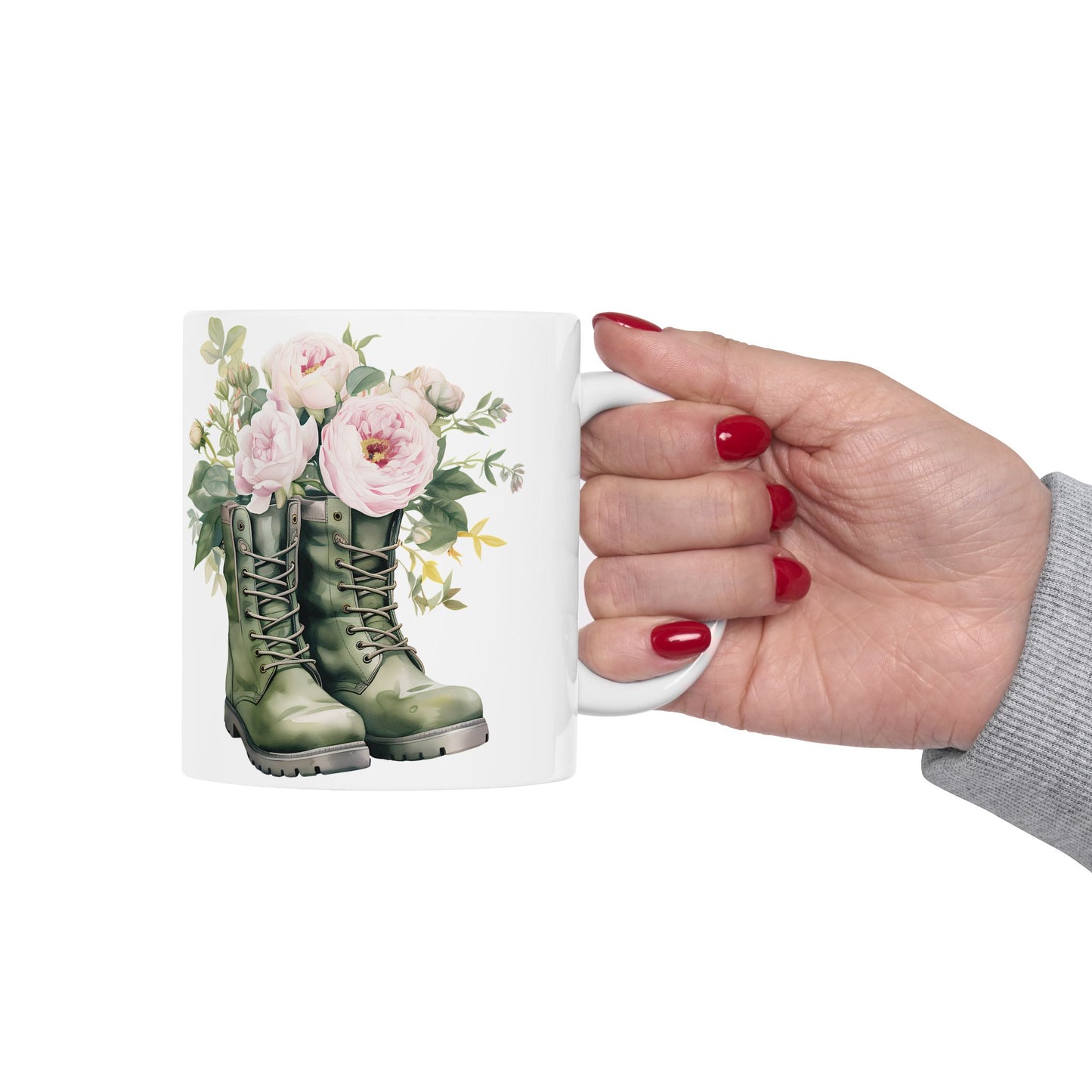 Floral Combat Boot Mug — Military Green Boot with Pink Roses Ceramic Coffee Cup (11oz & 15oz)