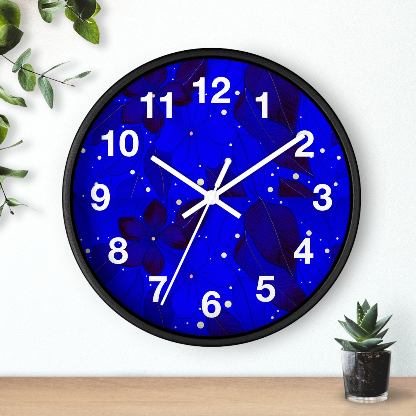 Elegant Floral Blue Wall Clock, Home Decor, Gift for Her, Modern Design, Office Timepiece, Blue Accent Clock