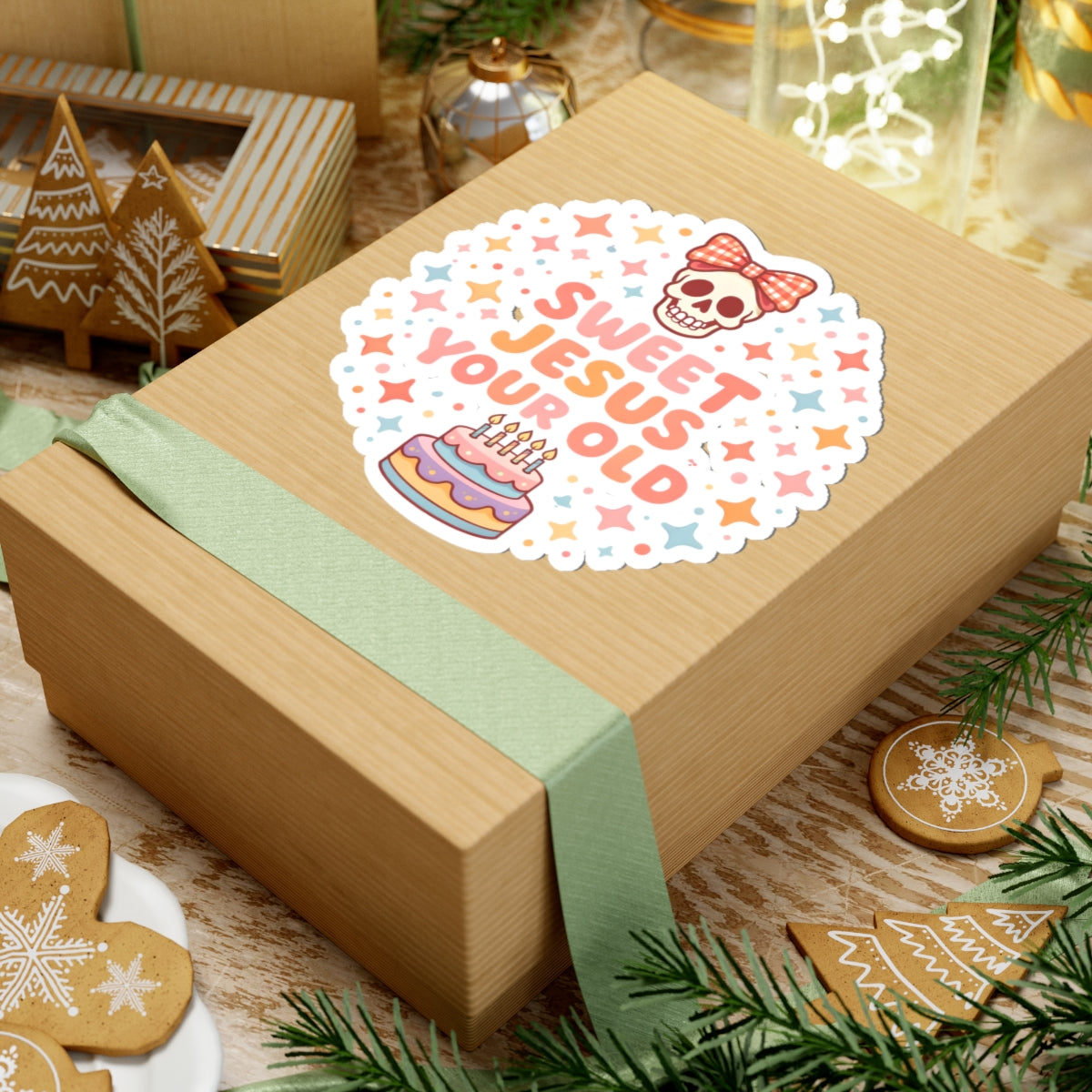 Sweet Jesus Your Old Birthday Sticker — Cute Skull & Cake Kiss-Cut Sticker