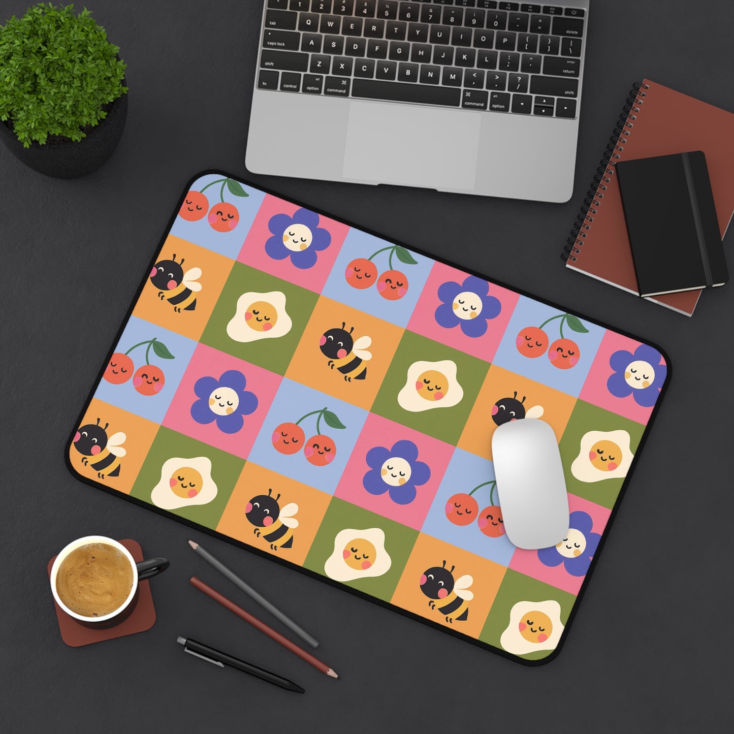 Cute Floral & Bees Desk Mat — Colorful Checkerboard Mouse Pad for Kids & Home Office
