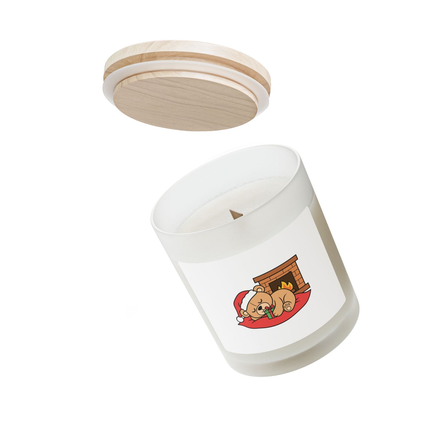 Holiday Bear Candle — 11oz Frosted Glass Christmas Scented Candle with Sleeping Teddy by Fireplace