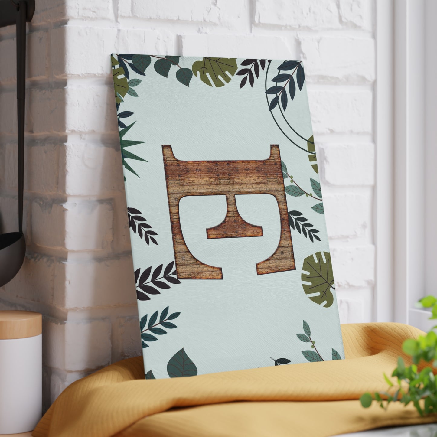 Monogram Glass Cutting Board — Rustic Wood ‘E’ with Tropical Leaf Border