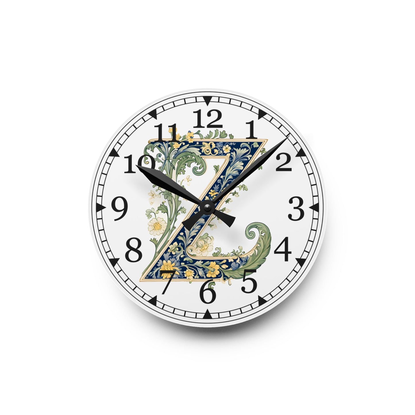 Floral Monogram "Z" Acrylic Wall Clock — Vintage Botanical Initial Clock