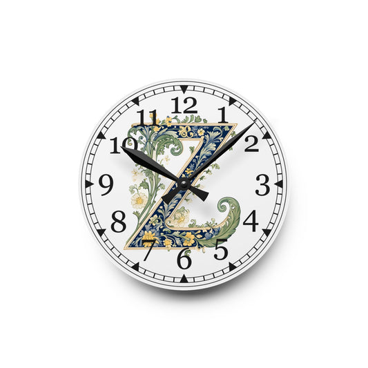 Floral Monogram "Z" Acrylic Wall Clock — Vintage Botanical Initial Clock