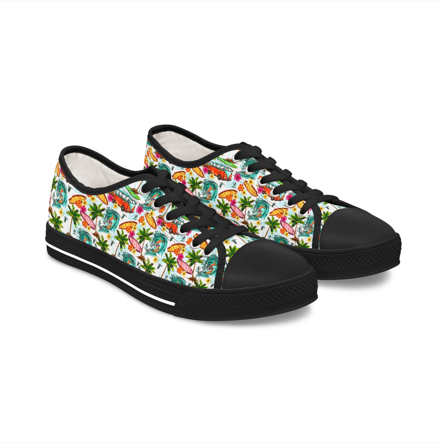 Tropical Floral Low Top Sneakers — Women's Colorful Palm & Hibiscus Print