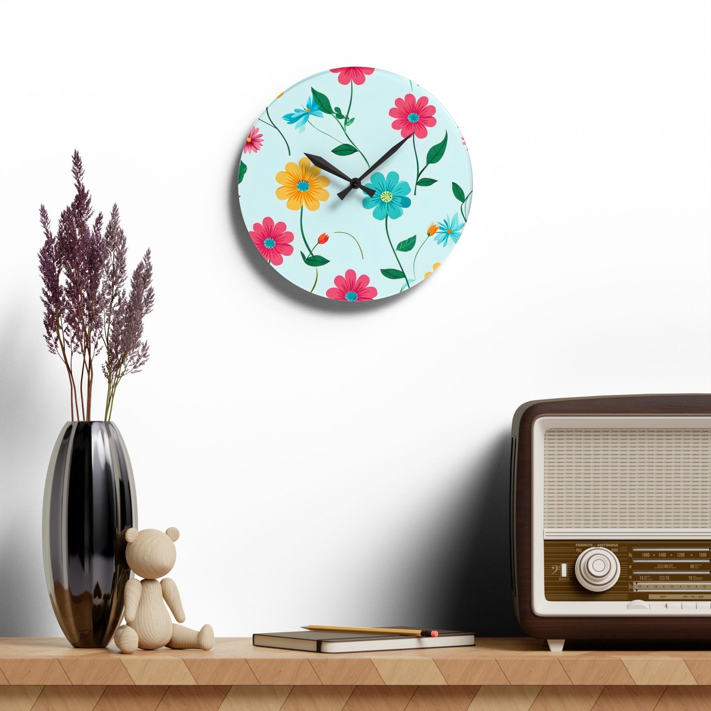 Floral Acrylic Wall Clock — Colorful Spring Daisy Design