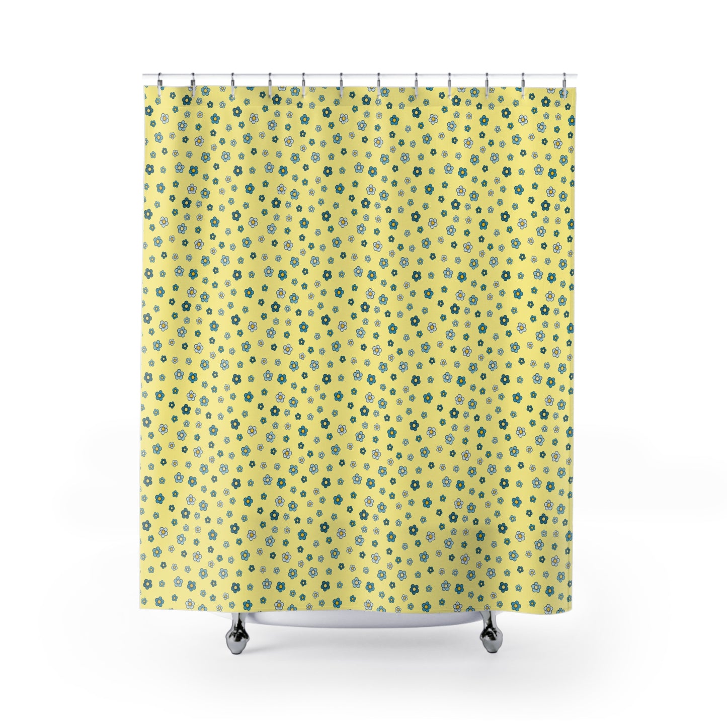 Floral Dot Shower Curtain — Yellow Blue Retro Flower Pattern