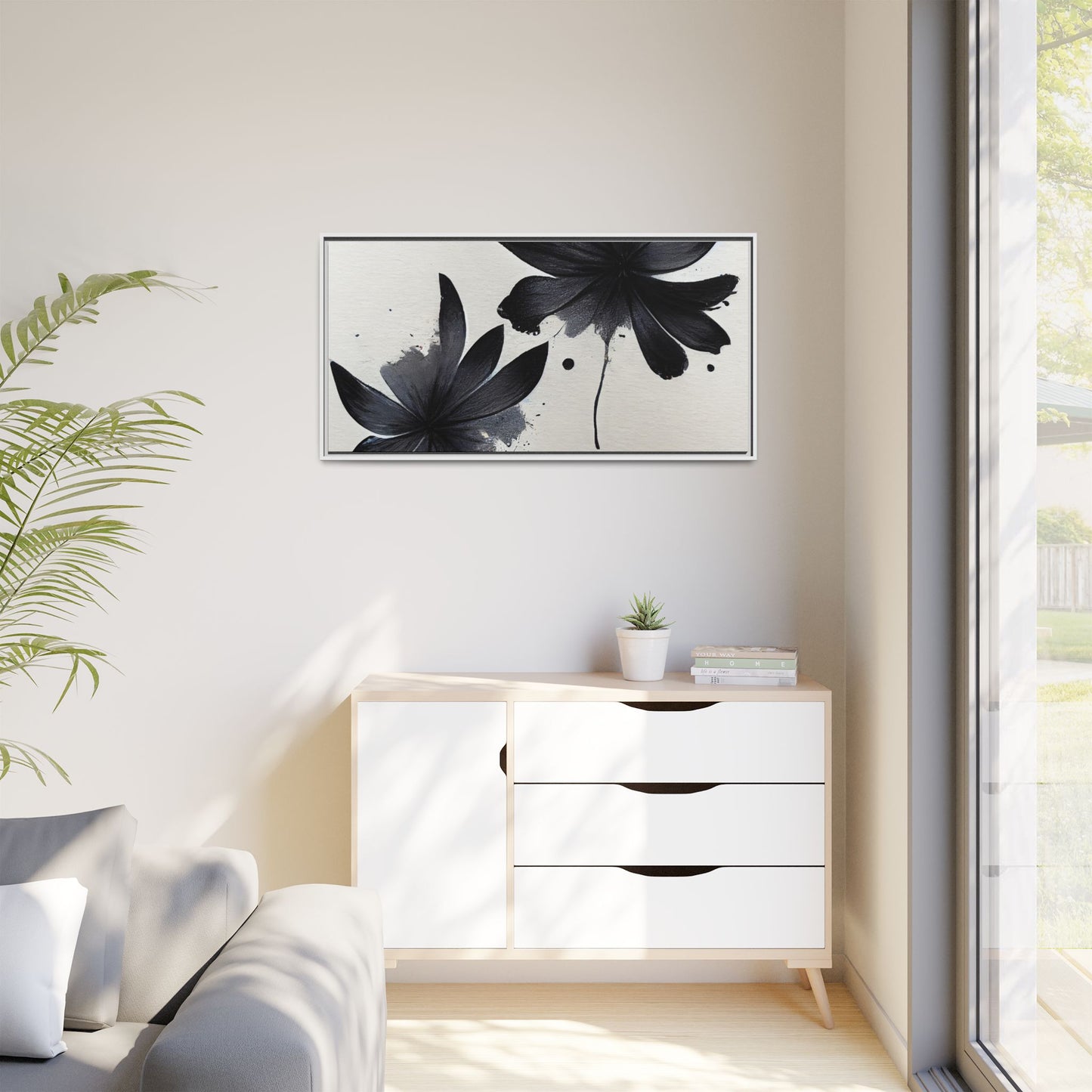 Framed Black Floral Matte Canvas Wall Art — Monochrome Botanical Print
