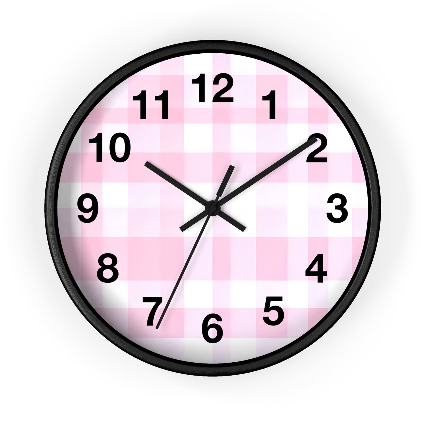Pink Gingham Wall Clock — Cute Check Pattern Clock for Nursery & Kitchen