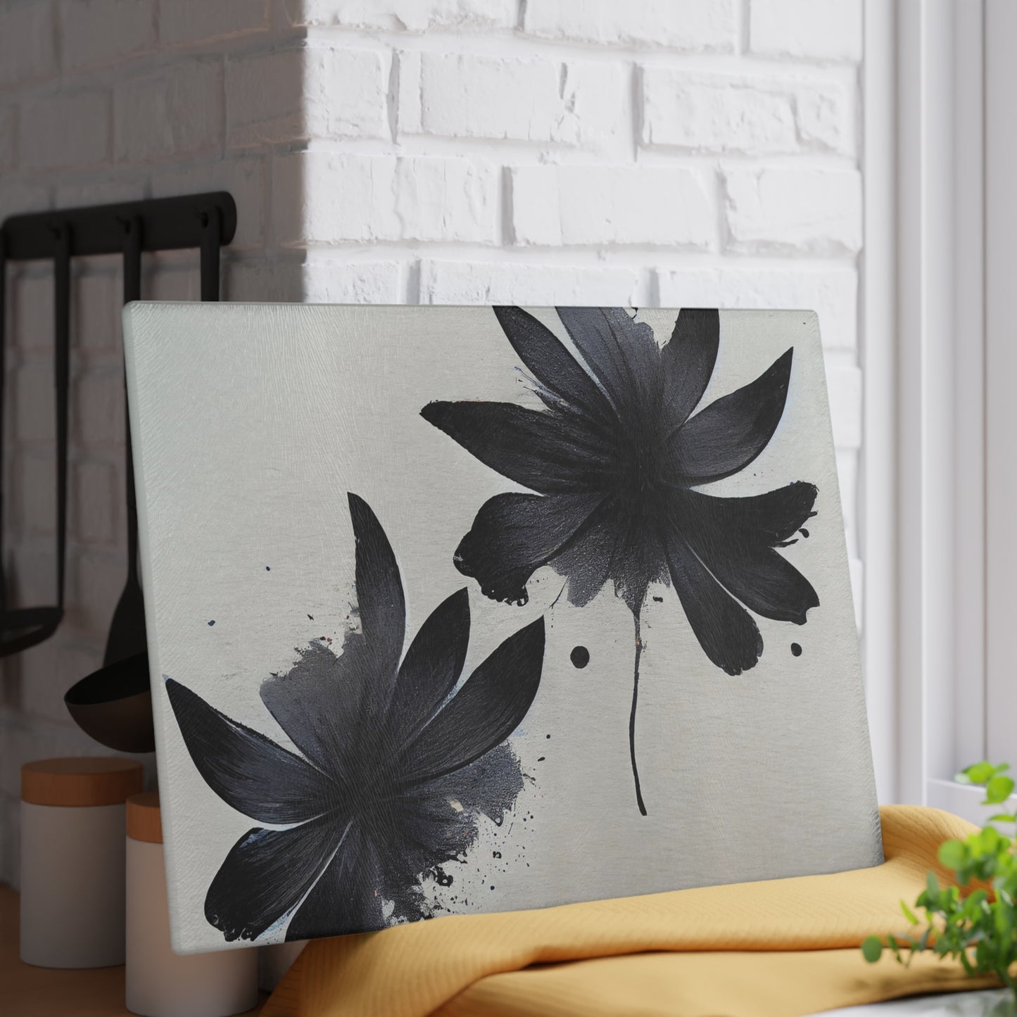 Glass Cutting Board — Black Floral Ink Splash Design