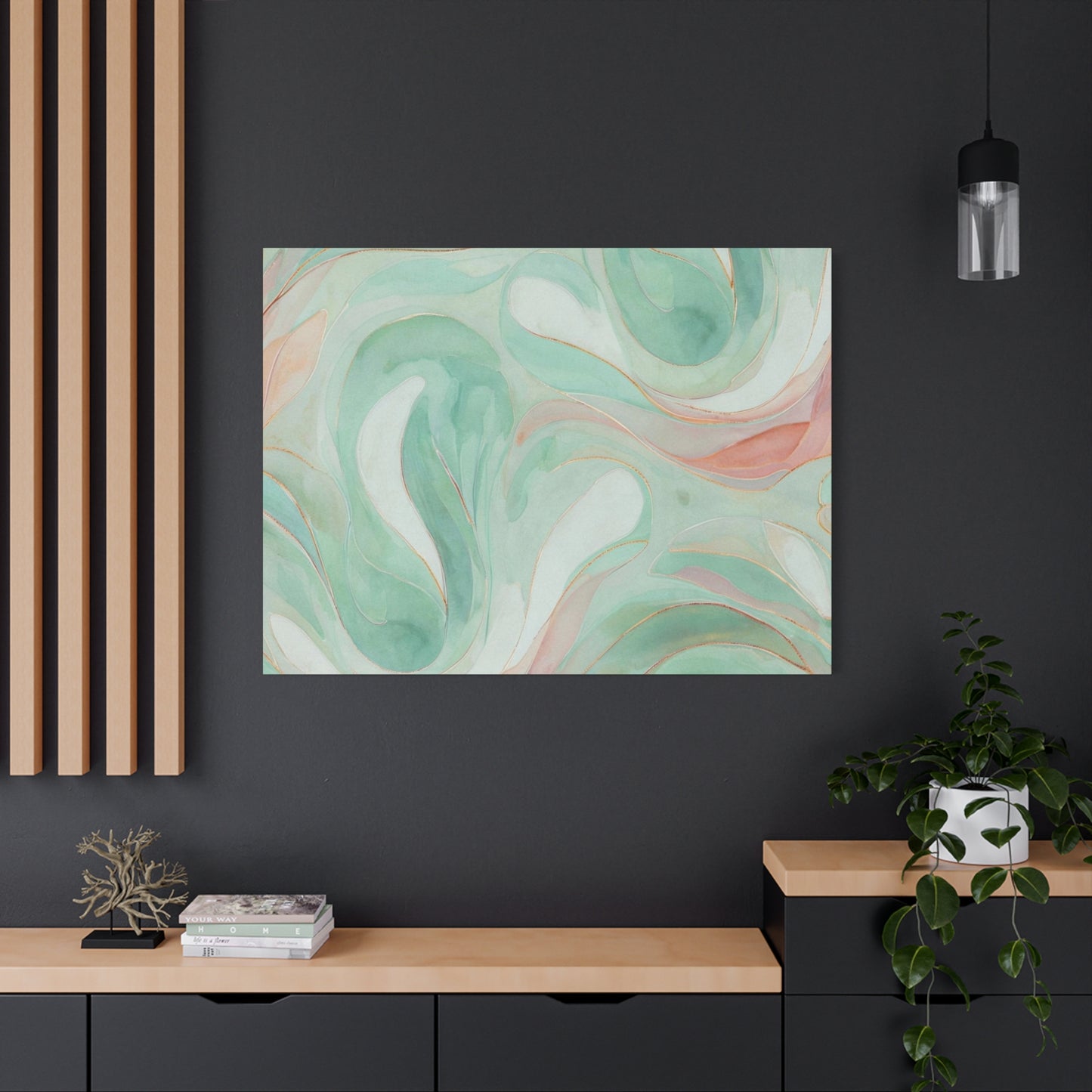 Abstract Green Marble Canvas Print — Teal & Coral Swirl Wall Art