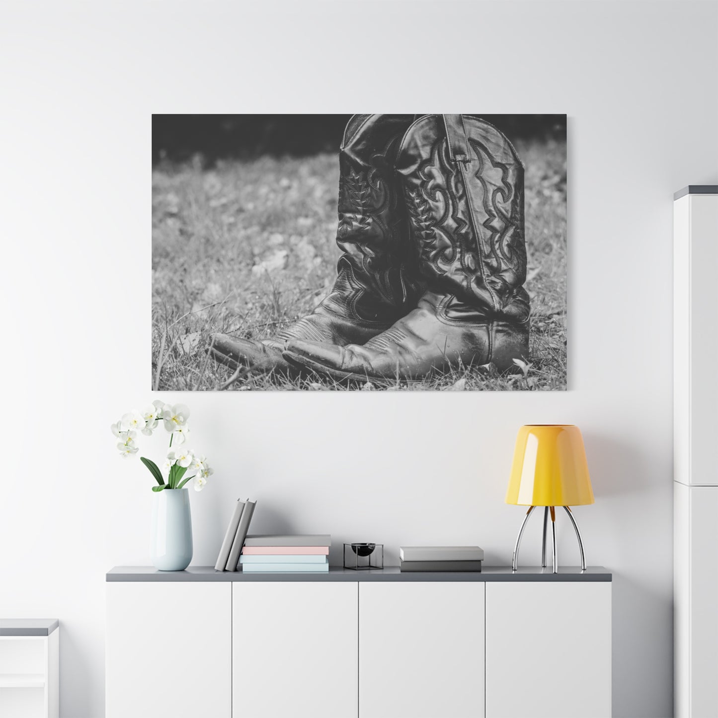 Western Cowboy Boots Matte Canvas Wall Art – Black & White Rustic Country Decor