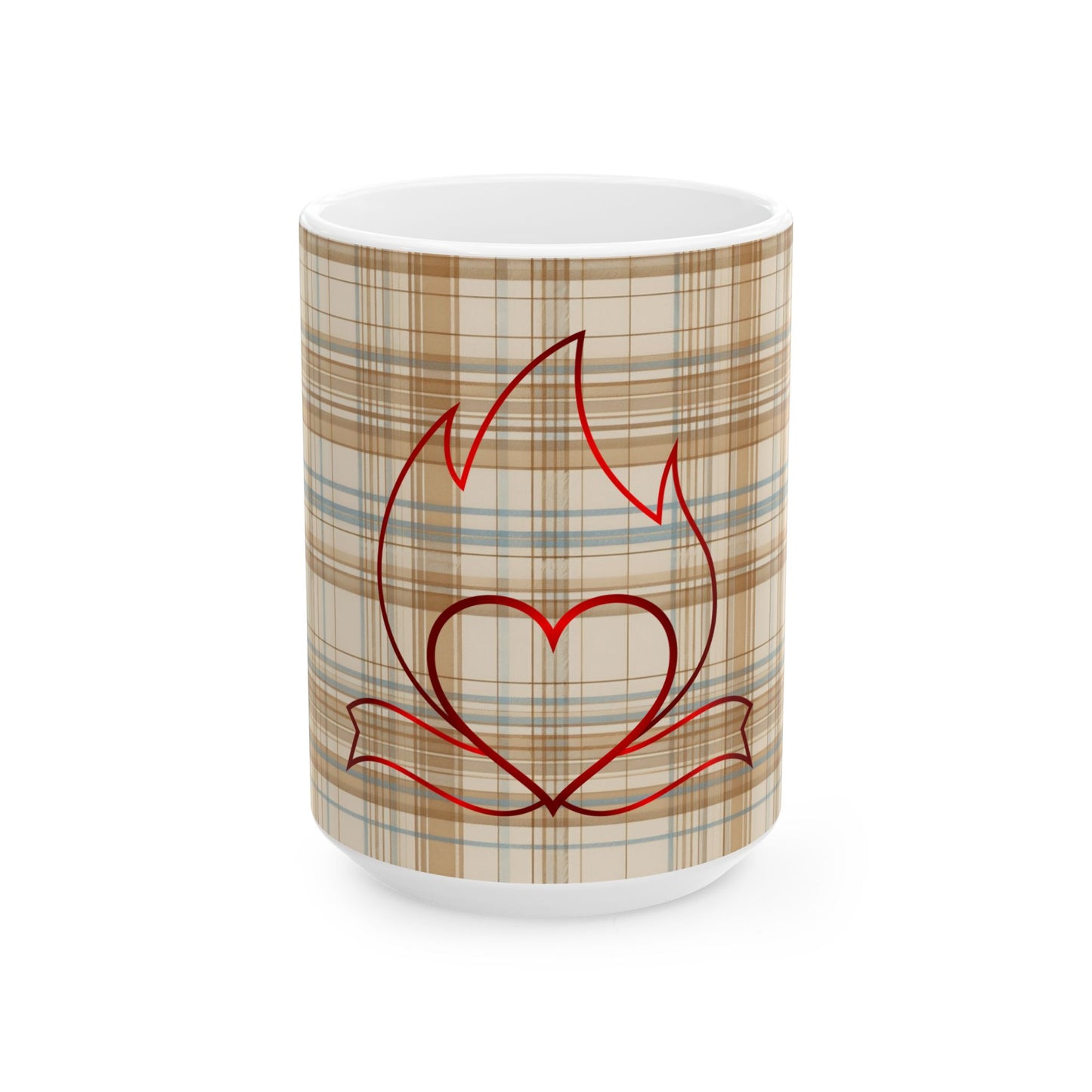 Plaid Heart Flame Ceramic Mug – Cozy Rustic Coffee Cup (11oz/15oz)