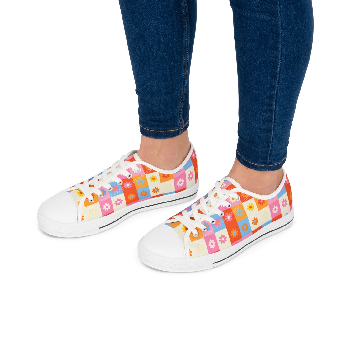 Floral Checkered Low Top Sneakers — Retro 60s-Inspired Casual Shoes